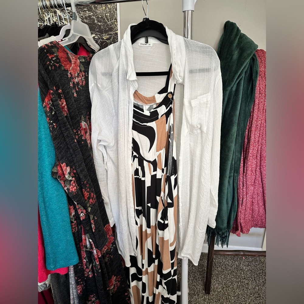 White Sheer Shirt with Abstract Dress